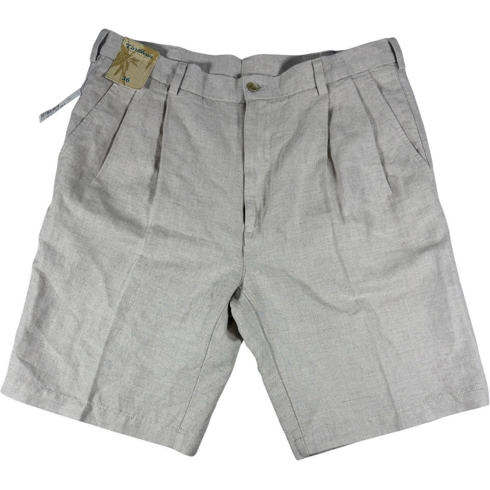 NWT Caribbean Men's‎ Pleated Linen Blend Shorts Size 36 Beige Herringbone